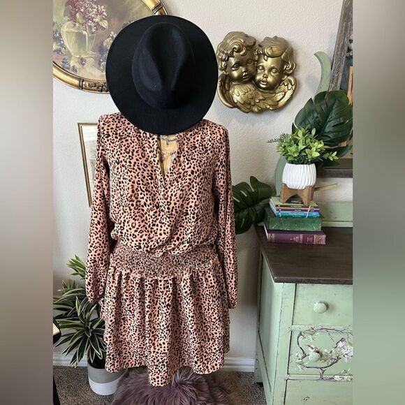 Mittoshop Leopard Cheetah Print Brown Black V Neck Elastic Waist Mini Dress Sz M - Picture 2 of 10